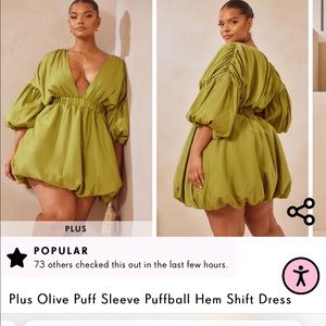 Plus Olive Puff Sleeve Puffball Hem Shift Dress Sz 26
